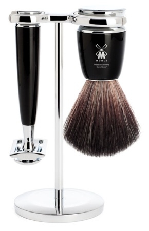 Rytmo Set: Safety Razor + Shaving Brush High-grade Resin, Black Synthetic, Black