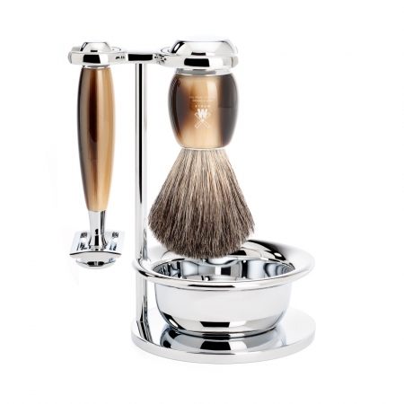 Vivo Set: Safety Razor + Shaving Brush + Bowl High-grade Resin, Horn Brown Pure