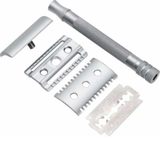 De Razor 22c, Straight Comb + Open Tooth Comb, Long Handle, Matt Chrome