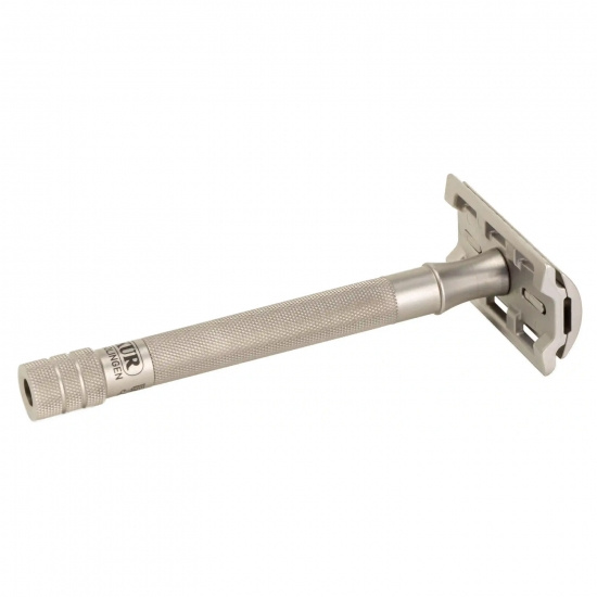 De Razor 24 Inox, Straight Comb, Long Handle, Satin Finish, Incl. 10 Blades In a