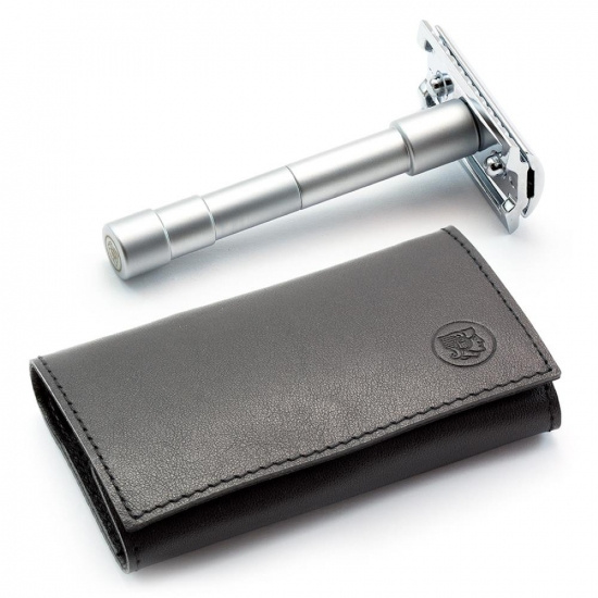 Travel Razor, Straight Comb, Bright Chrome, Matt Chrome, In a Leather Case