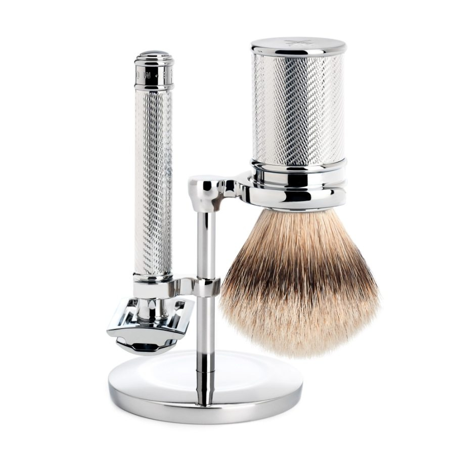 TRADITIONAL set: safety razor shaving brush metal silvertip badger