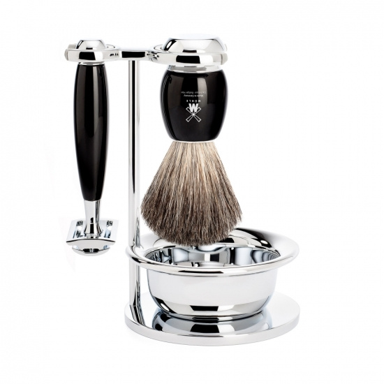 Vivo Set: Safety Razor + Shaving Brush + Bowl High-grade Resin, Black Pure Badge